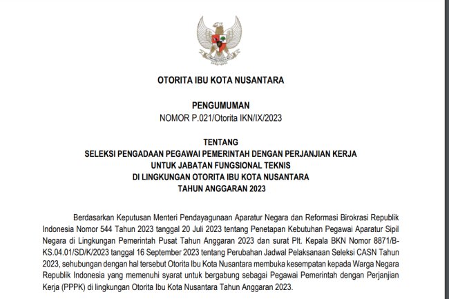 Seleksi Pengadaan Pegawai Pemerintah dengan Perjanjian Kerja Untuk Jabatan Fungsional Teknis di Lingkungan Otoritar Ibu Kota Nusantara Tahun 2023