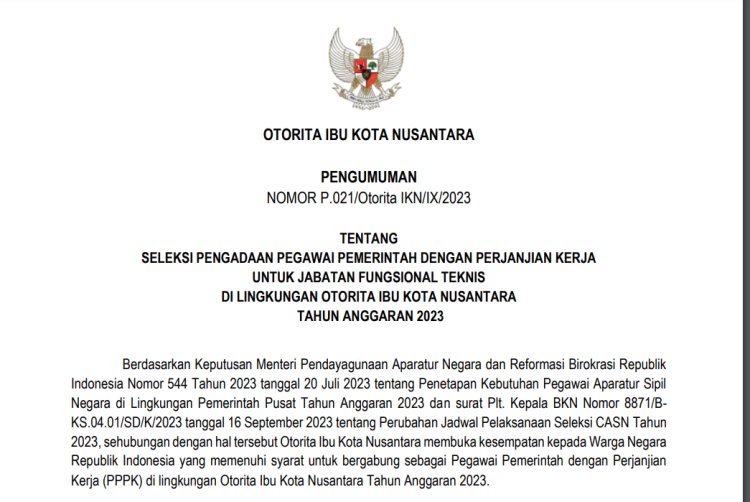 Seleksi Pengadaan Pegawai Pemerintah dengan Perjanjian Kerja Untuk Jabatan Fungsional Teknis di Lingkungan Otoritar Ibu Kota Nusantara Tahun 2023