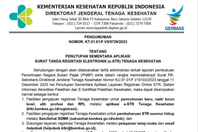 PENUTUPAN SEMENTARA APLIKASI SURAT TANDA REGISTASI ELEKTRONIK (e-STR) TENAGA KESEHATAN