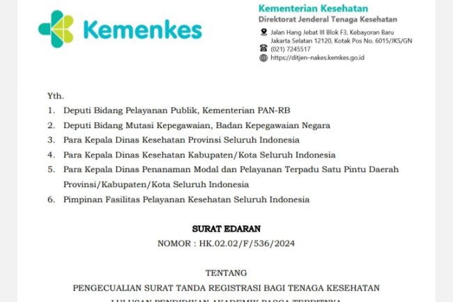 Surat Edaran Nomor HK.02.02/F/536/2024 "Pengecualian Surat Tanda Registrasi Bagi Tenaga Kesehatan Lulusan Pendidikan Akademik Pasca Terbitnya Undang-undang Nomor 17 Tahun 2023 Tentang Kesehatan"
