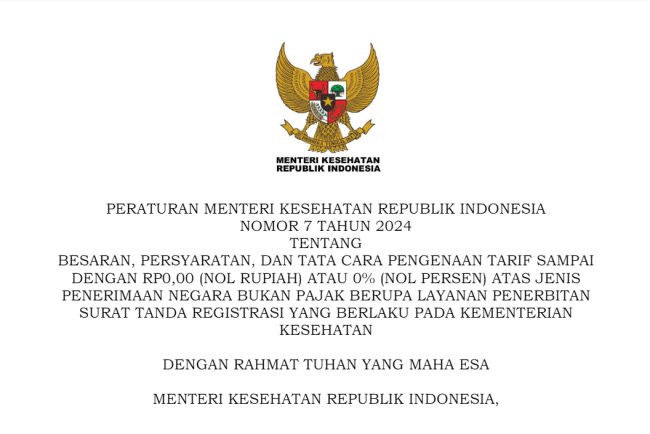 Peraturan Menteri Kesehatan: Pengenaan Tarif Rp0,00 untuk Layanan Penerbitan Surat Tanda Registrasi Tenaga Medis dan Kesehatan