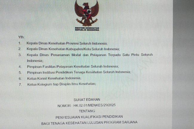 Permenkes Nomor HK.02.01/Menkes/29/2025 , "Penyesuaian Kualifikasi Pendidikan Bagi Tenaga Kesehatan Lulusan Program Sarjana"