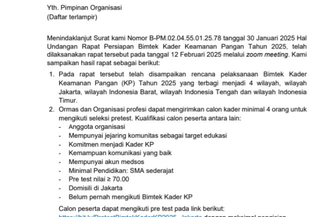 Persiapan Bimtek Kader Keamanan Pangan Tahun 2025 BPOM
