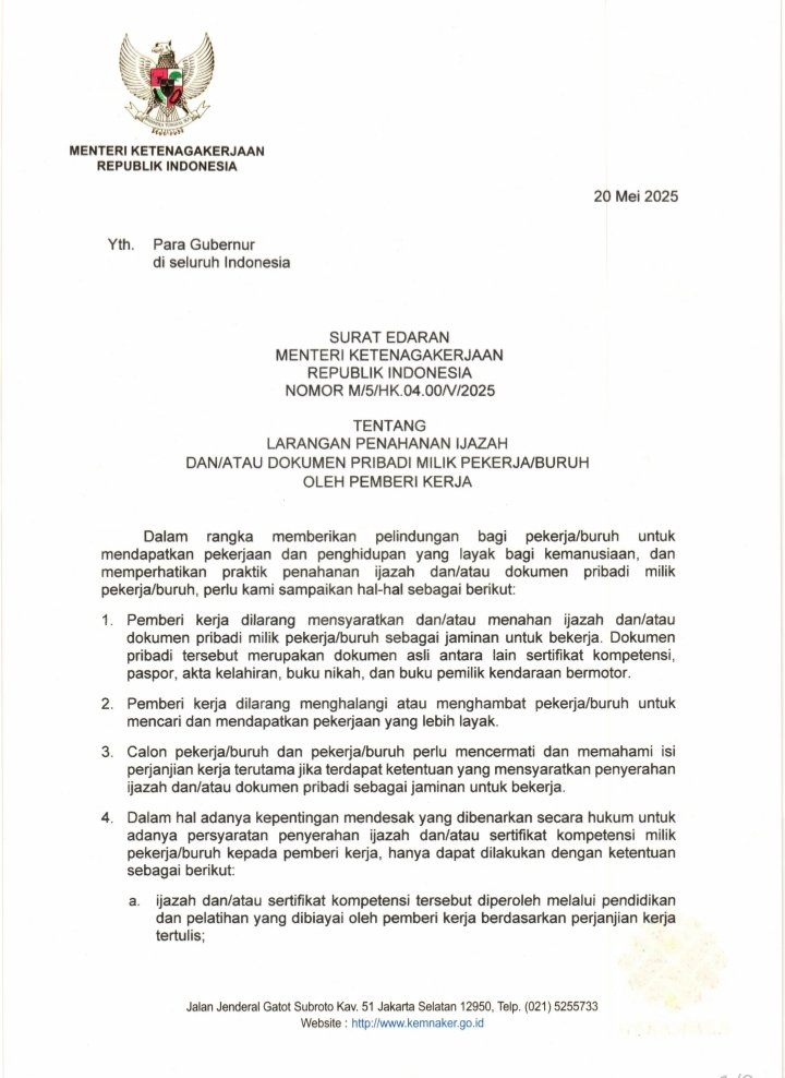 Surat Edaran Kementerian Ketenagakerjaan Mengenai Larangan Penahanan Ijazah atau Dokument Pekerja