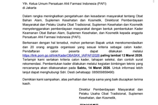 Permohonan Rekomendasi Calon Kader Keamanan Obat Bahan Alam, Supplement Kesehatan dan Kosmetik