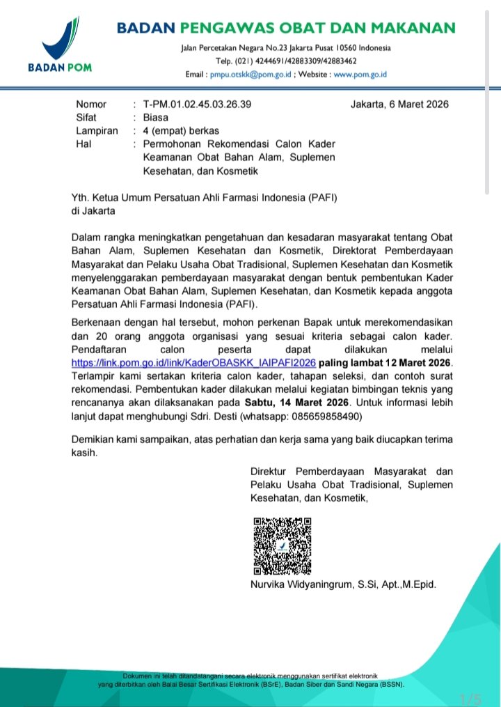 Permohonan Rekomendasi Calon Kader Keamanan Obat Bahan Alam, Supplement Kesehatan dan Kosmetik